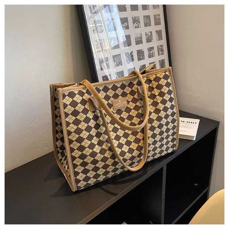 Sac à main en toile pour femmes, fourre-tout polyvalent à carreaux, grande capacité, mode printemps/été, épaule avancée, sac de maman_voghion.com