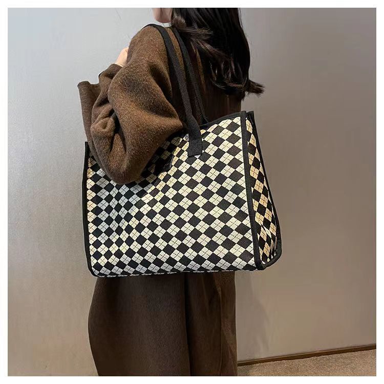 Sac à main en toile pour femmes, fourre-tout polyvalent à carreaux, grande capacité, mode printemps/été, épaule avancée, sac de maman_voghion.com