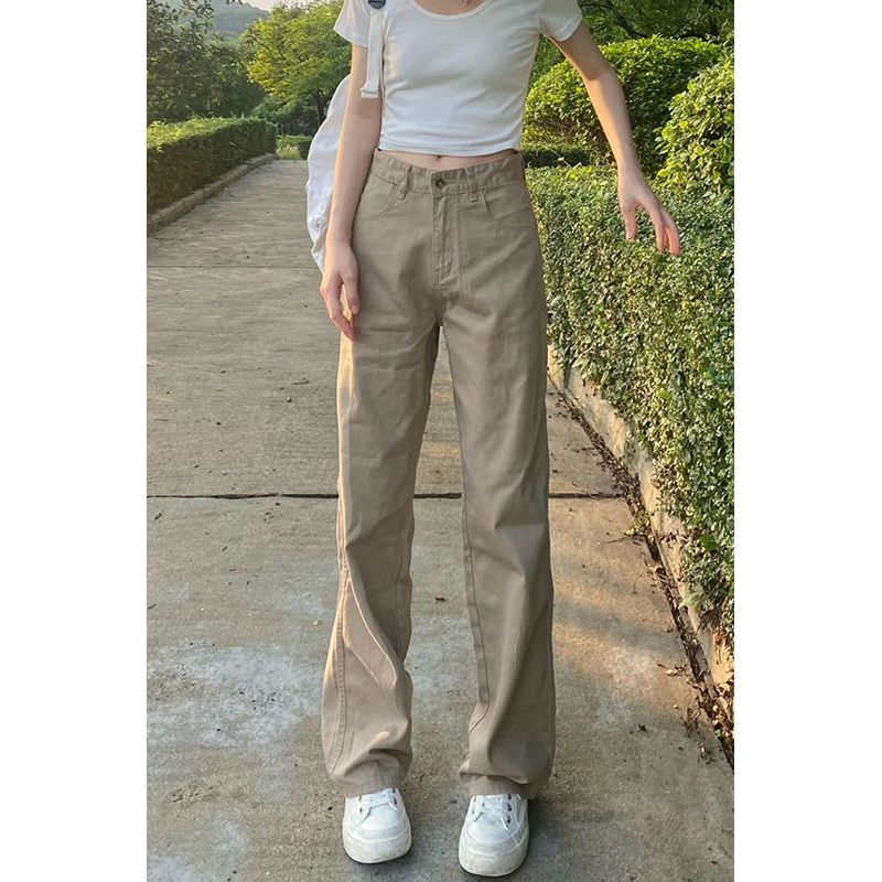 胖mm卡其色牛仔褲女潮ins2023新款春秋高腰直筒寬鬆休閒闊腿褲子