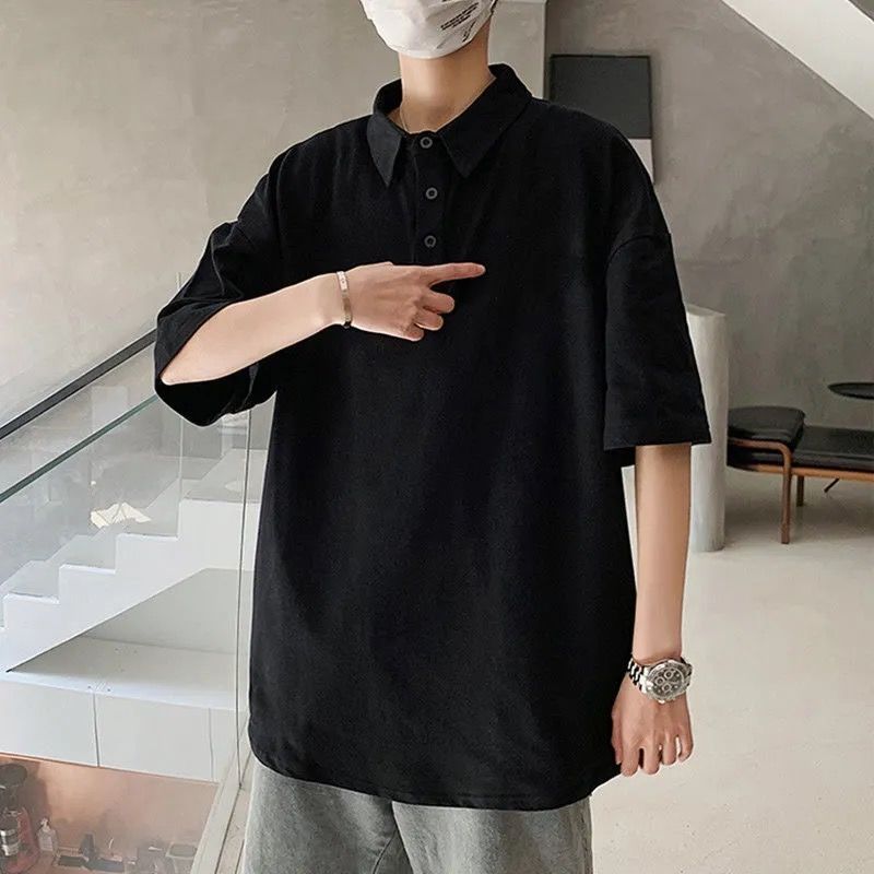 2023純色polo衫翻領短袖t恤男夏季港風寬鬆網紅ins超火上衣服學生