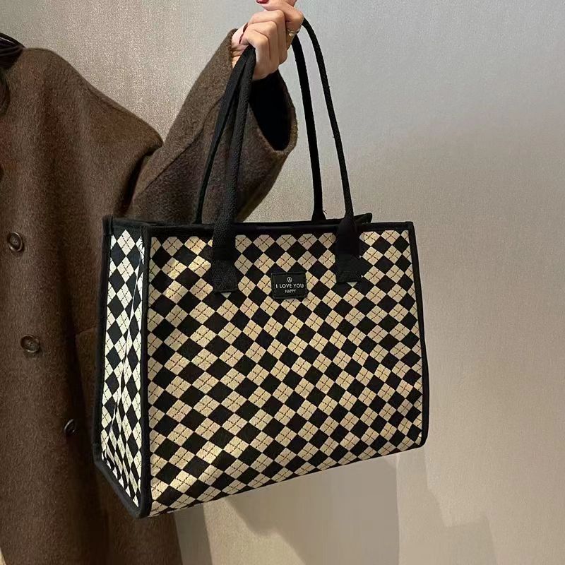 Sac à main en toile pour femmes, fourre-tout polyvalent à carreaux, grande capacité, mode printemps/été, épaule avancée, sac de maman_voghion.com