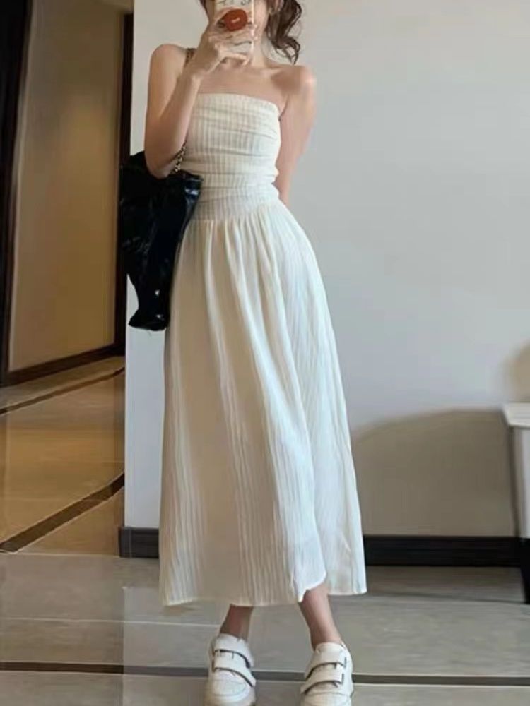 SOLO Explosive Sunset Evening Breeze White Wrapped Breast Dress Women's Spring and Summer Long Tube Top Dress Pure Desire Base Skirt