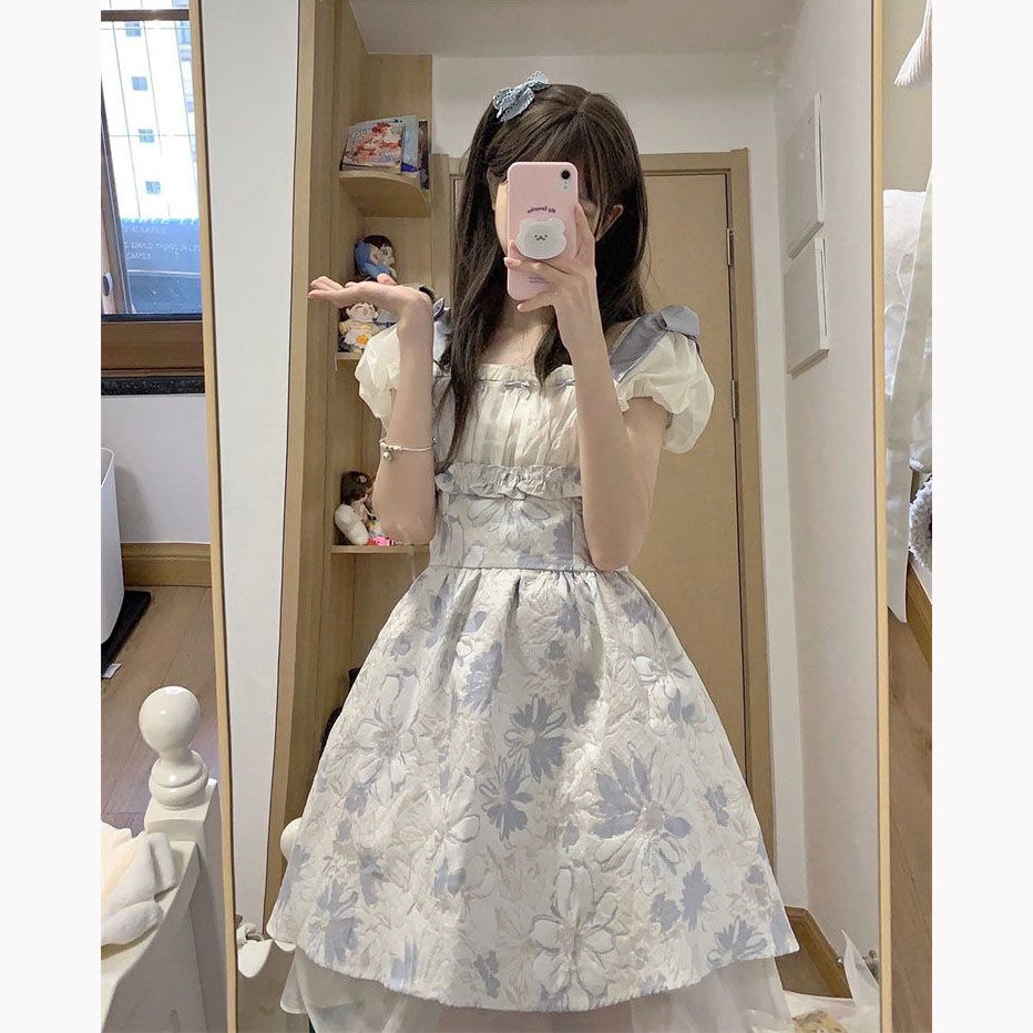 French-style waist slimming first love lace edge floral dress female student summer new sweet line fluffy princess dress