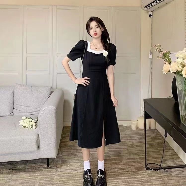 蝴蝶結方口領連衣裙女夏2023新款大碼女裝胖mm法式收腰短袖赫本裙