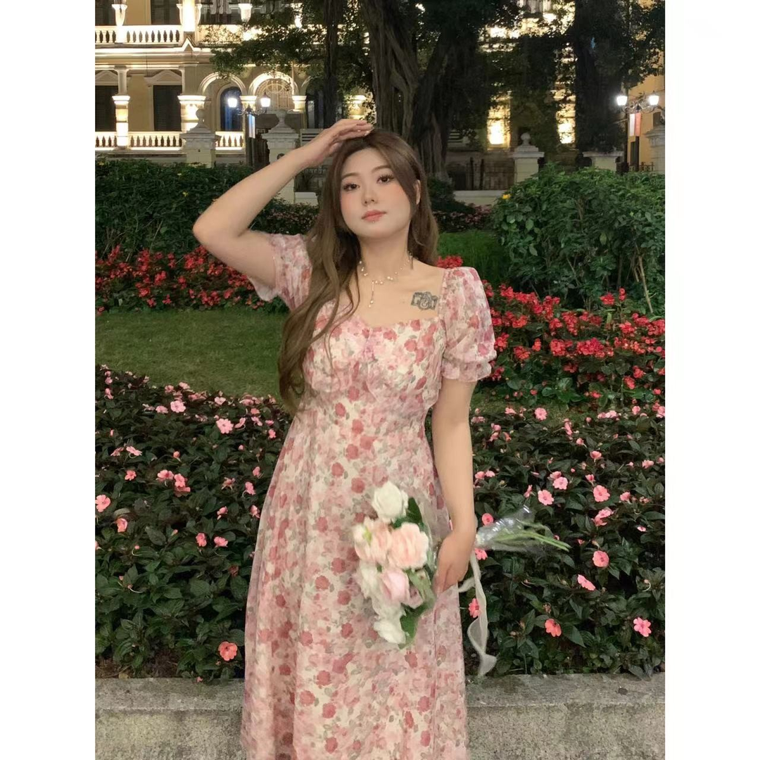 "Black Plum Sauce" Long Rose Ruffles Slightly Plump Dress Slim Short Sleeve Floral Dress Long Dress Princess