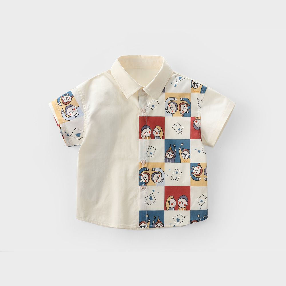 夏季2023年新款拼接动漫格子短袖衬衫中小儿童可爱时髦洋气衬衣潮