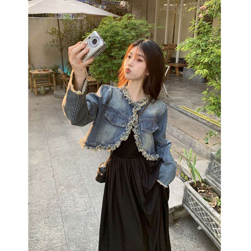 套裝時尚復古設計感毛邊流蘇短款長袖牛仔外套女背心連衣裙兩件套