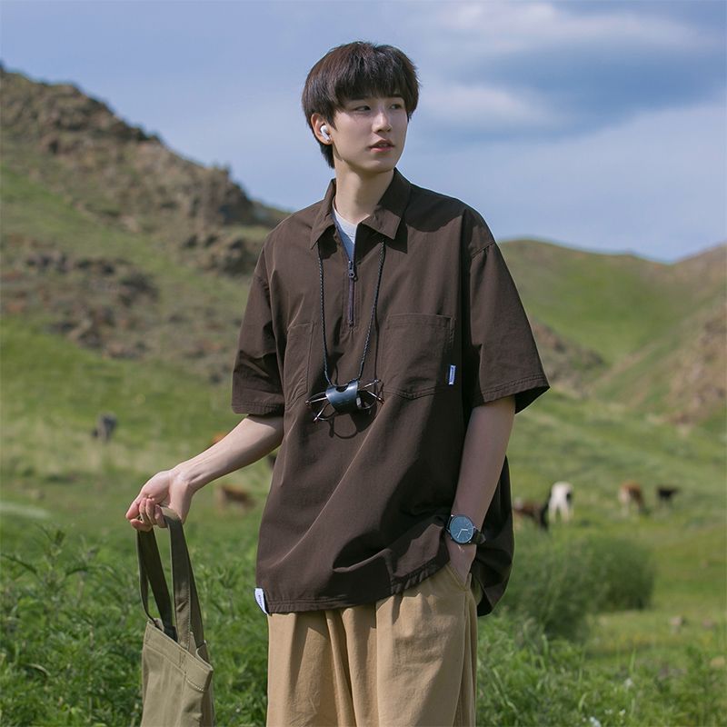 日系Polo衫短袖男潮牌潮流襯衫T恤美式復古工裝oversize夏季半袖