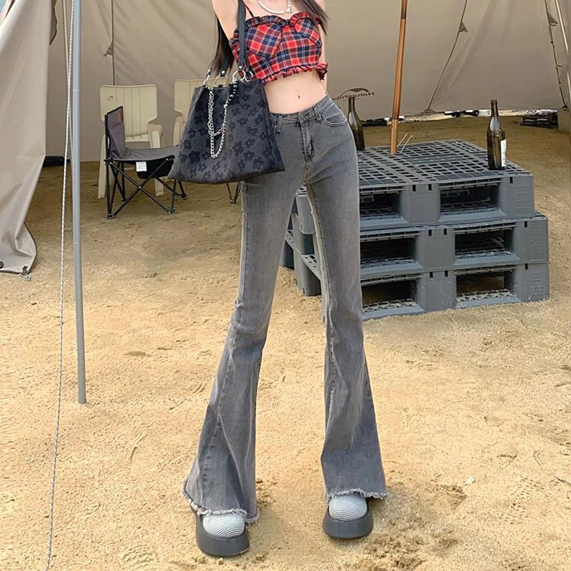 復古高腰微喇牛仔褲女2023春鞦韆禧辣妹風修身顯瘦毛邊拖地長褲子