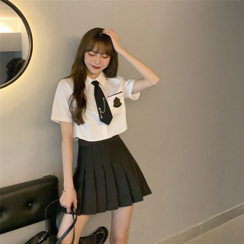 甜辣學院風套裝裙女夏季新款小個子jk制服女減齡襯衫百褶裙兩件套