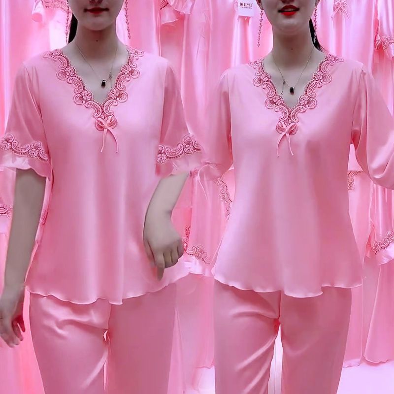 Thin pajamas women's summer ice silk short-sleeved trousers with cropped trousers two-piece set sexy net red home service women's single piece