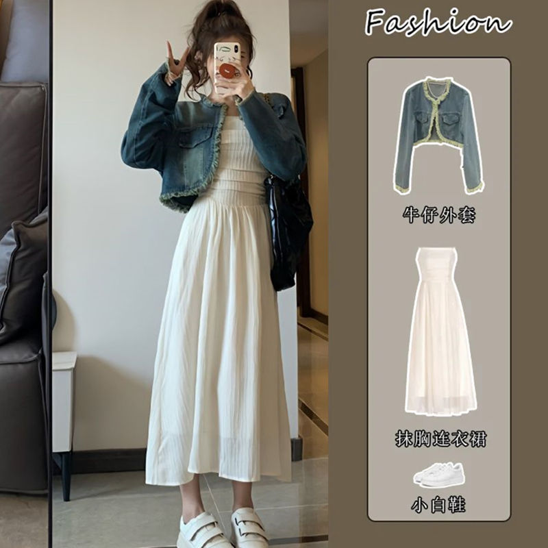 【兩件套裝】夏季韓版設計性感抹胸無袖連衣裙女復古短款牛仔外套
