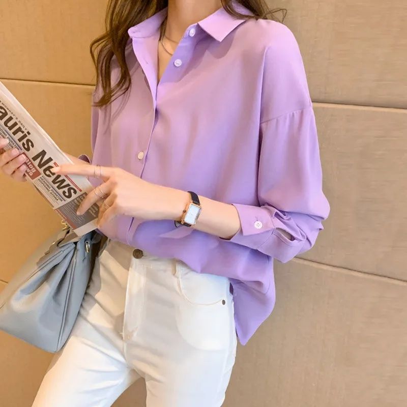 Spring and autumn loose large size solid color chiffon shirt women's Korean casual style ins Hong Kong style long-sleeved shirt bottoming shirt