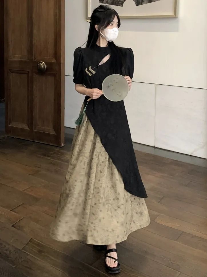 女裝新中式假兩件撞色連衣裙夏季新款顯瘦氣質氛圍設計款中長裙子