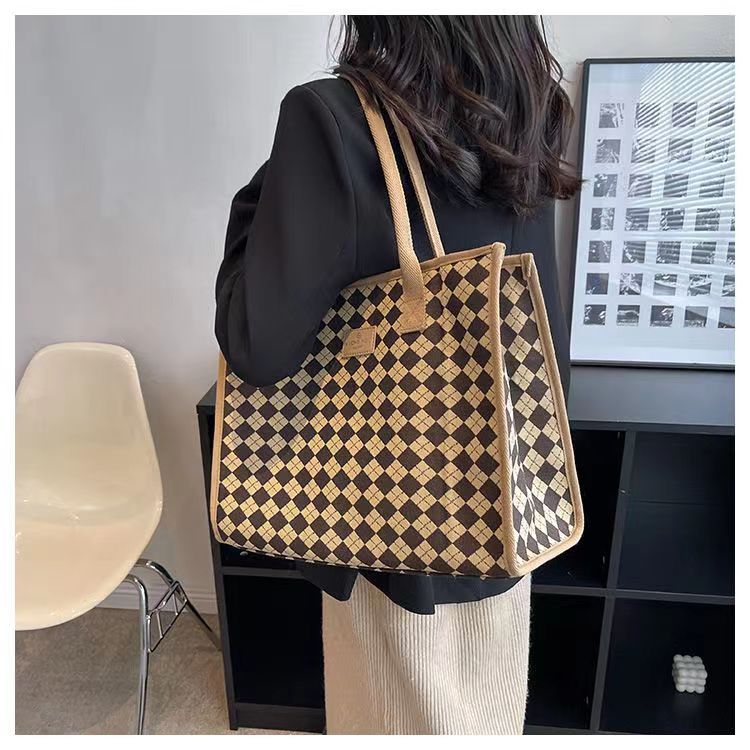 Sac à main en toile pour femmes, fourre-tout polyvalent à carreaux, grande capacité, mode printemps/été, épaule avancée, sac de maman_voghion.com