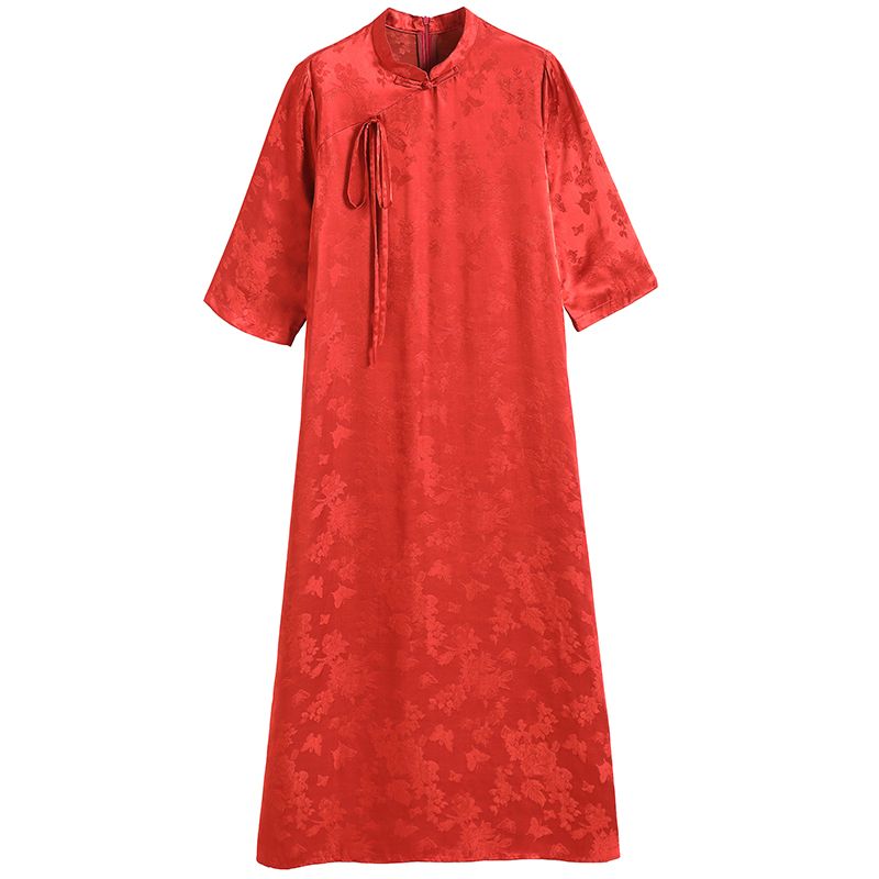 气质真丝香云纱洋装妈妈夏季时尚红色喜婆婆婚宴装旗袍裙子