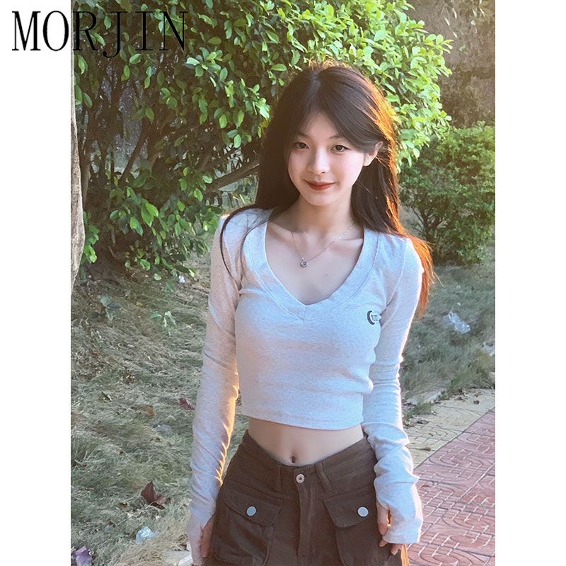 MORJIN American-style sweet and spicy sexy v-neck short long-sleeved t-shirt women's spring and summer niche inner slim slim top trendy