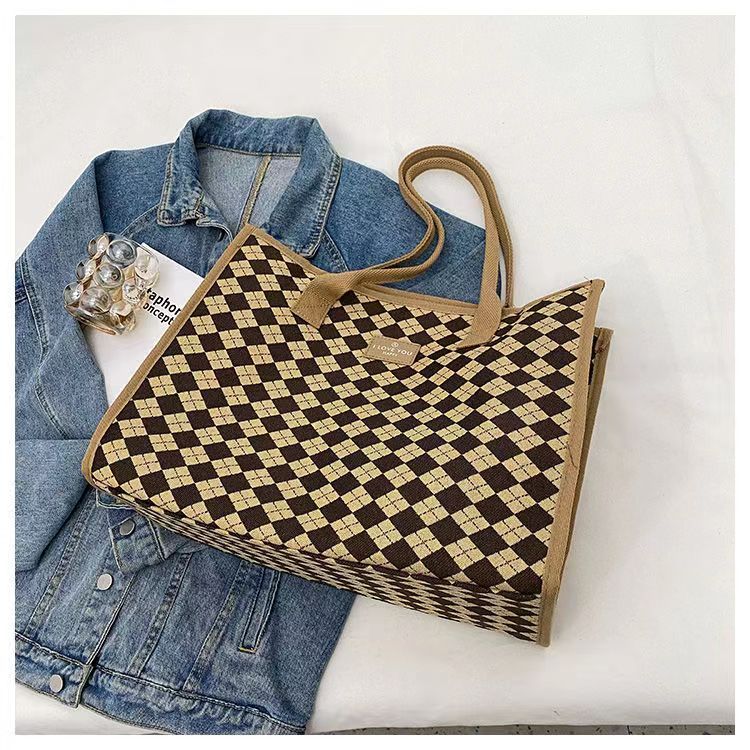Sac à main en toile pour femmes, fourre-tout polyvalent à carreaux, grande capacité, mode printemps/été, épaule avancée, sac de maman_voghion.com