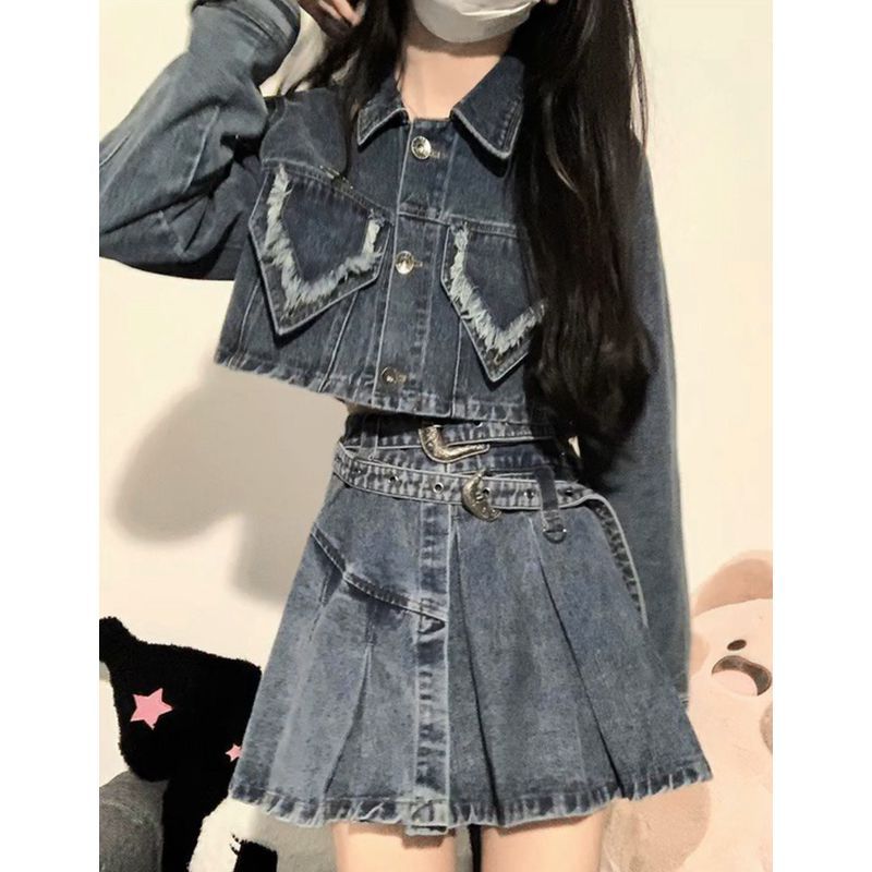 【兩件套】學院風設計感做舊短款牛仔外套女+高腰百褶牛仔半身裙
