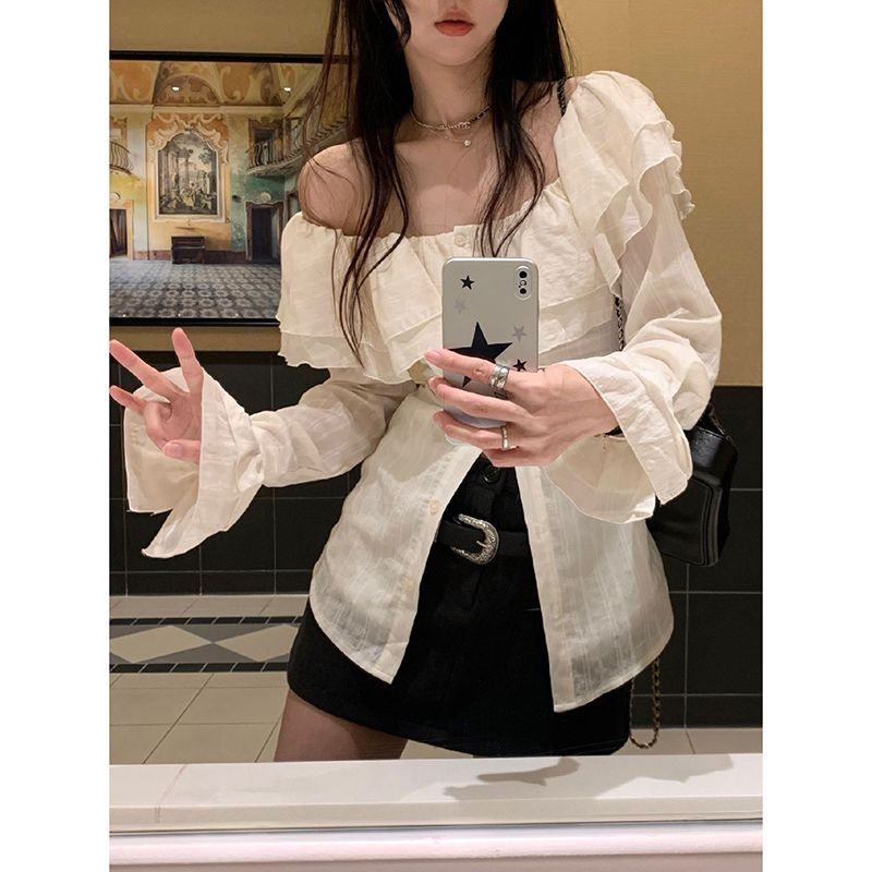春夏季套裝女2023新款辣妹設計感不規則一字肩襯衫搭半身裙兩件套