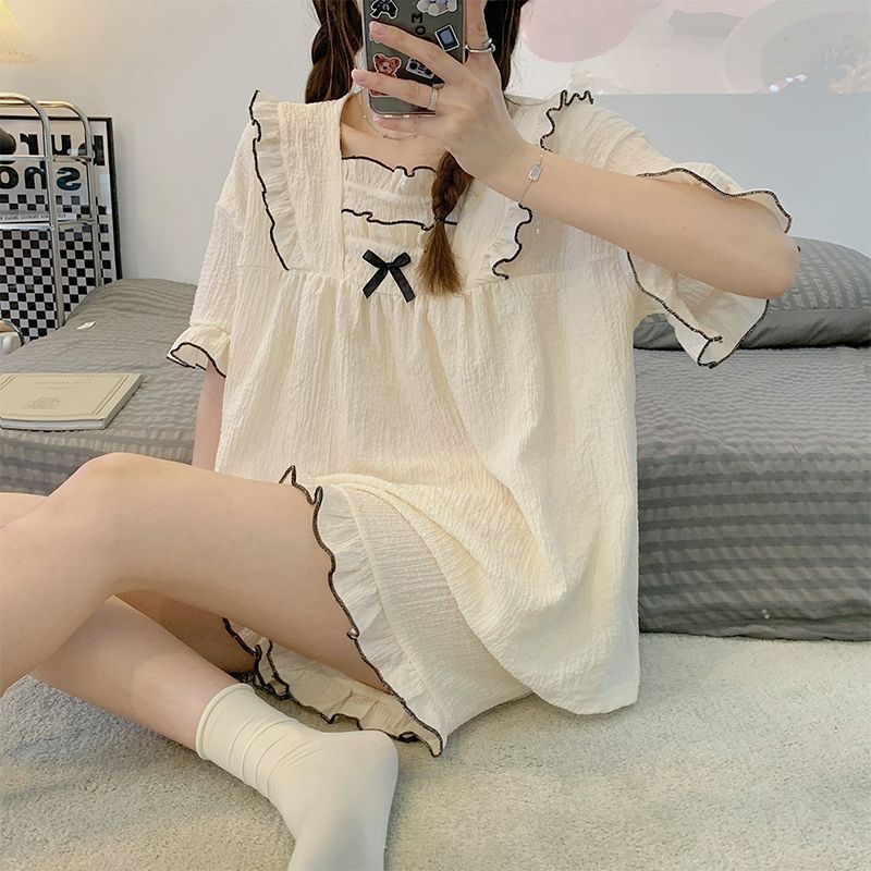 Super fairy pajamas women's summer suit ins sweet cute short-sleeved small girl cotton lace home service