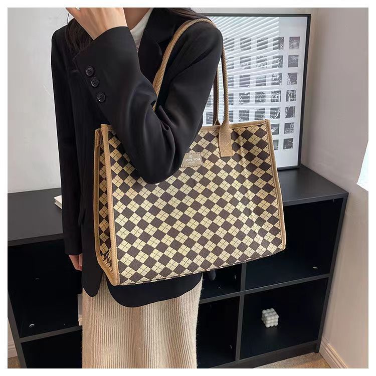 Sac à main en toile pour femmes, fourre-tout polyvalent à carreaux, grande capacité, mode printemps/été, épaule avancée, sac de maman_voghion.com