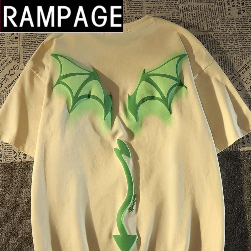 RAMPAGE100%純棉美式高街小惡魔翅膀短袖t恤男女復古歐美潮牌上衣