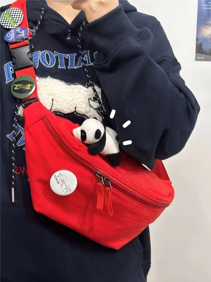 手機腰包潮牌紅色胸包 日系ins簡約單肩小包包女休閒運動斜挎包男
