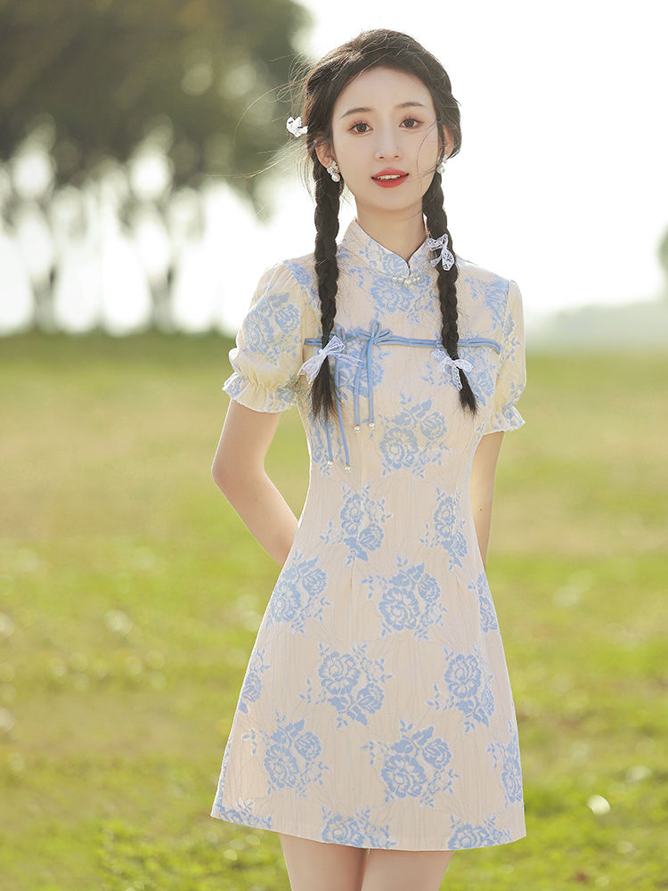 改良旗袍新款2023年輕款少女夏季小清新小個子國潮風新中式連衣裙