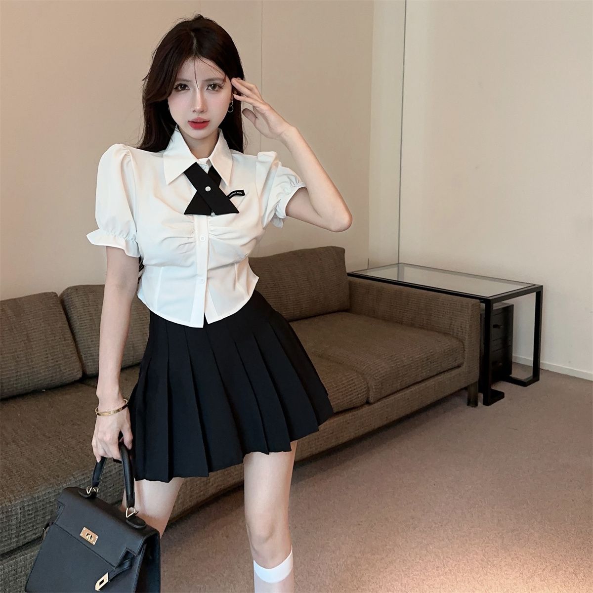 甜辣jk制服套裝裙女夏季減齡修身學院風泡泡袖襯衫百褶短裙兩件套