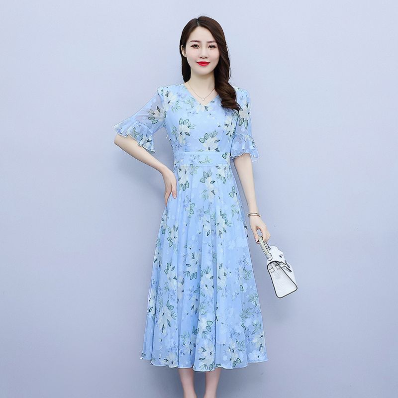 碎花雪紡連衣裙女2023新款夏季甜美風遮肉顯瘦中長款小眾大擺裙子