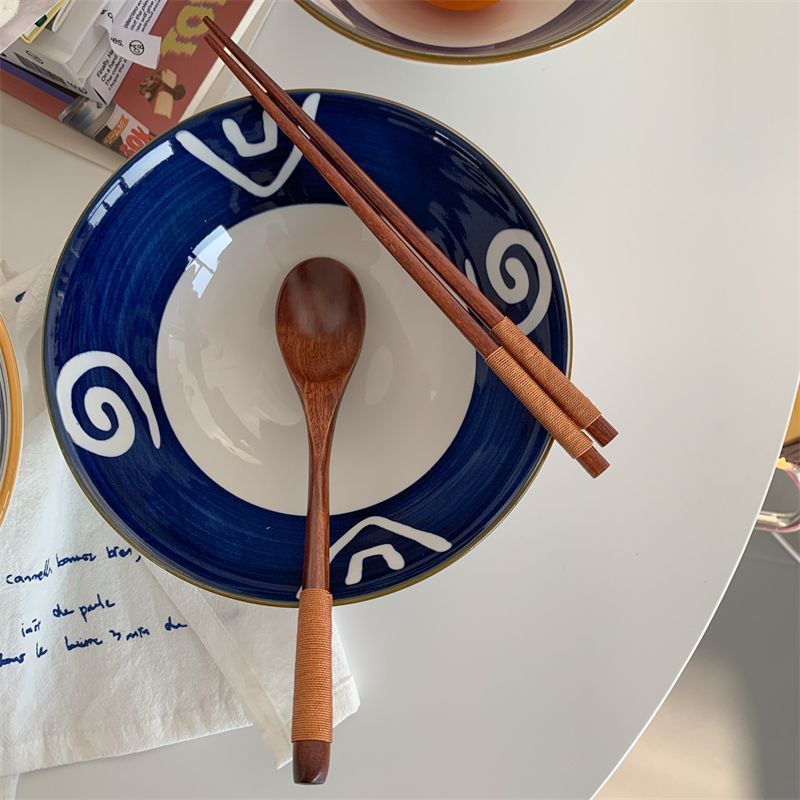 优美家日式缠线木质勺子叉子筷子套装长柄木头餐具单人便携三件套