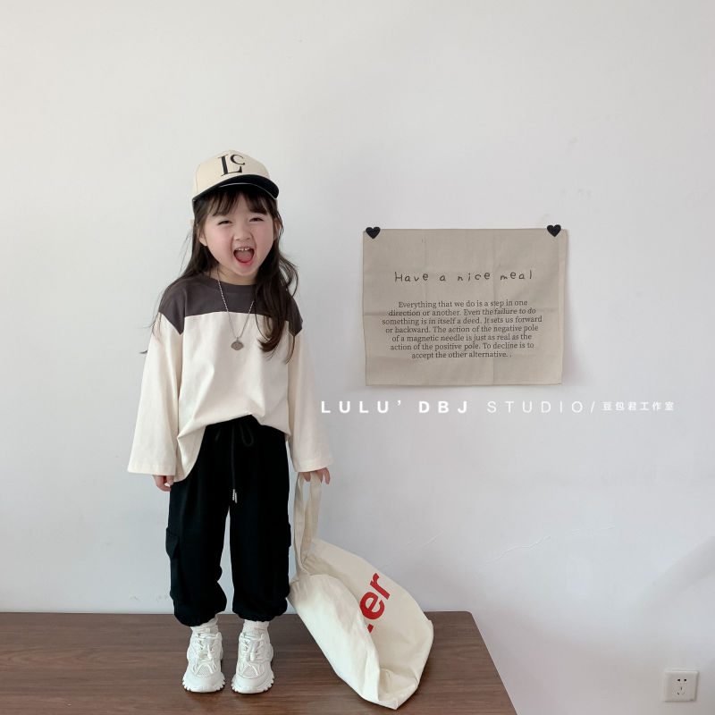 Girls' long-sleeved T-shirt 2023 children's spring and autumn Korean style splicing and contrast color children's pure cotton casual loose top
