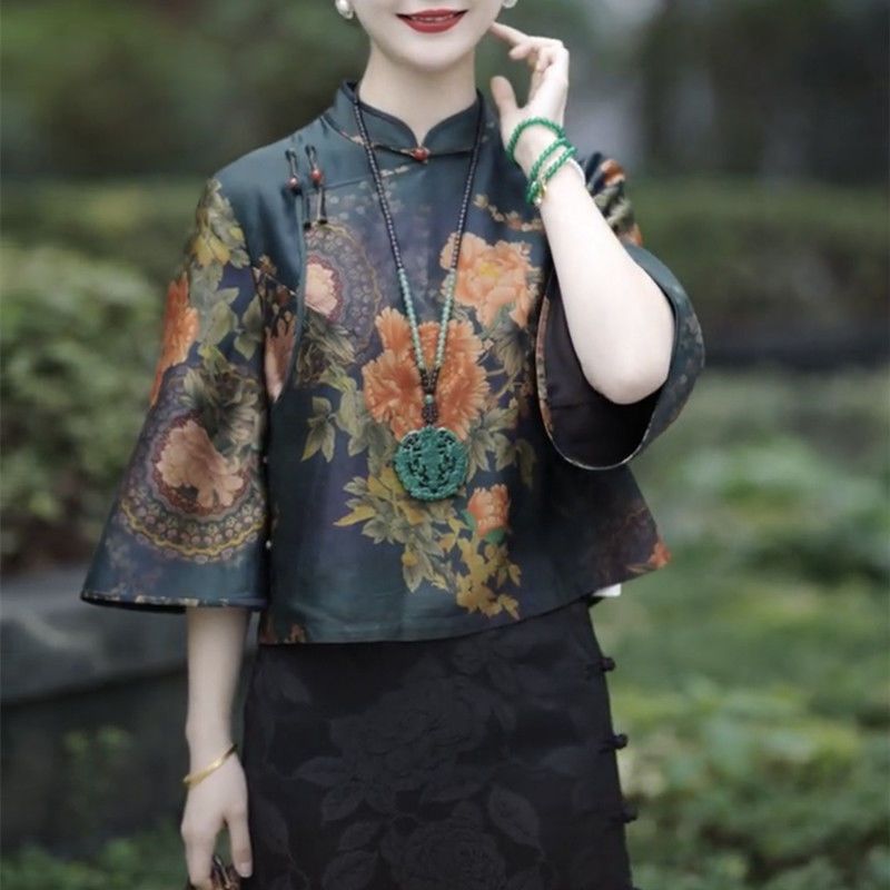 National style retro temperament fashionable mother's wear outer top  spring and summer new peony print shirt for women