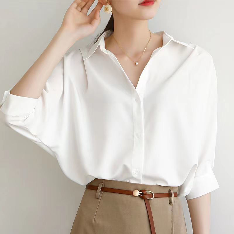 格瑞吉奥白色衬衫女设计感小众上衣夏新款气质职业百搭短袖衬衣潮