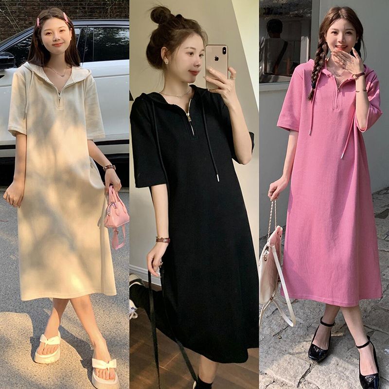 Simple casual loose zipper dress fat MM extra large size 300 catties summer loose skinny mid-length skirt