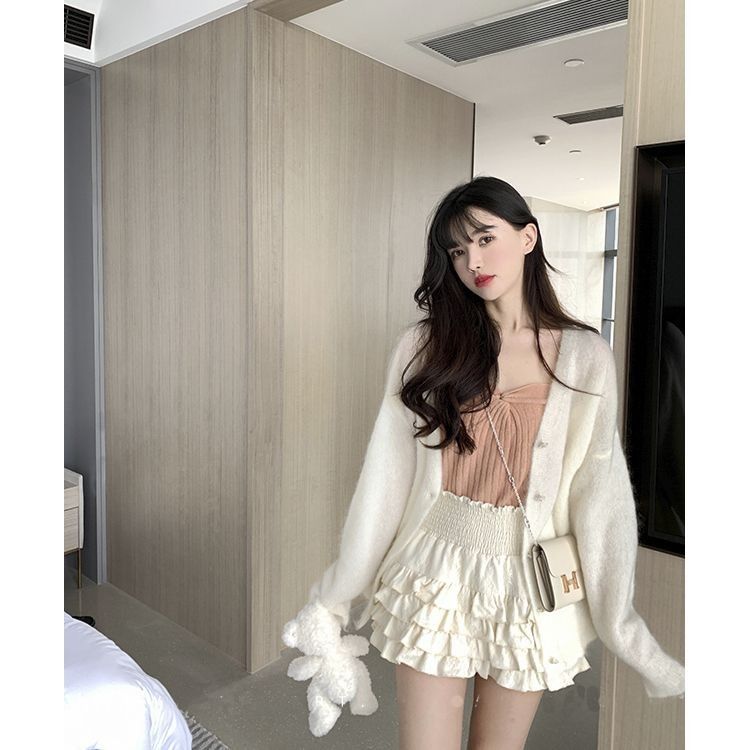 CreamySweet cream brand girlish slim black and white lace fluffy cake skirt high waist skirt