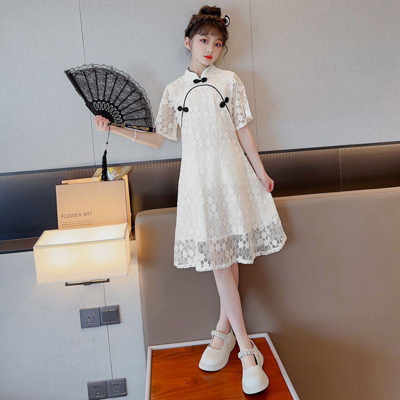 女童連衣裙夏裝2023新款洋氣中大兒童公主裙夏季女孩蕾絲網紗裙子