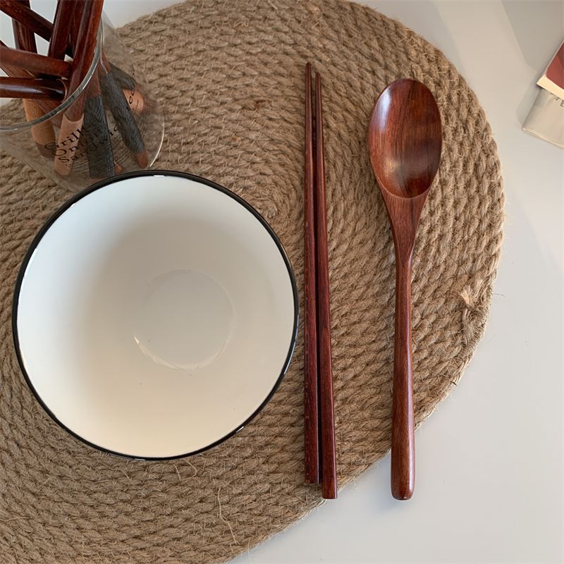 优美家日式缠线木质勺子叉子筷子套装长柄木头餐具单人便携三件套