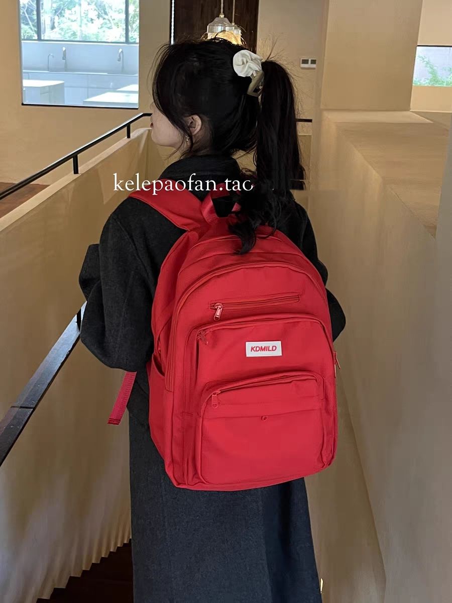 書包女大學生韓國大容量多層設計高中學生校園雙肩包紅色寶藏背包