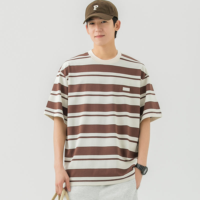 Striped short-sleeved T-shirt men's summer loose Japanese T-shirt tide brand casual suit couple fashion five-quarter sleeve top