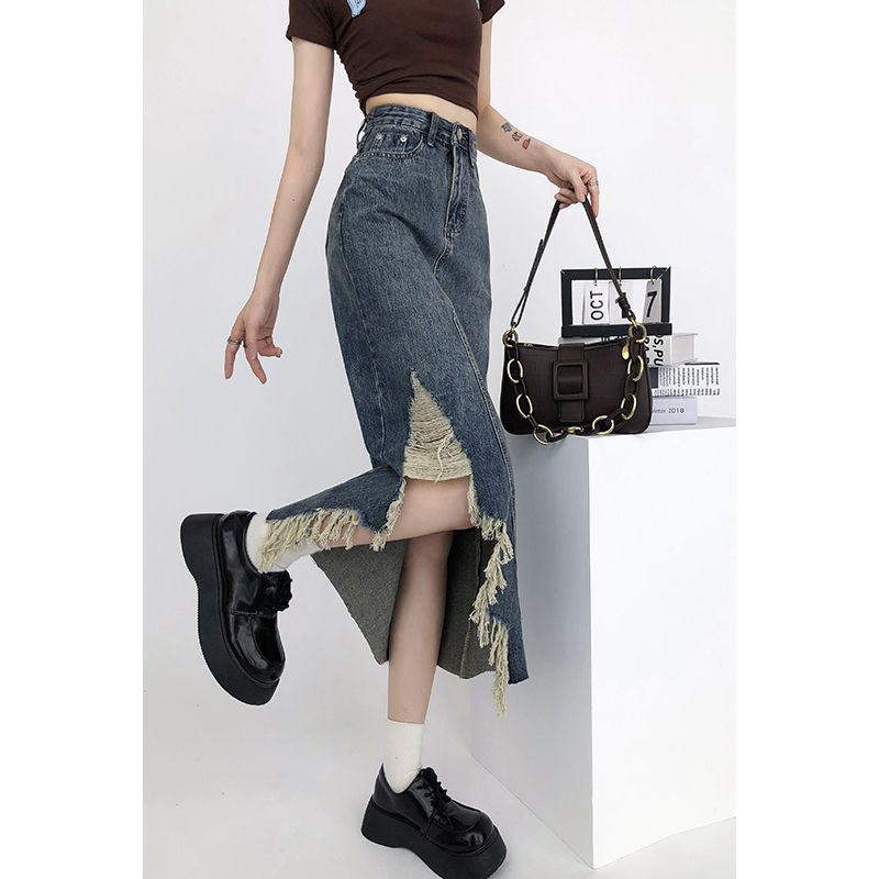 145 short xs size summer design sense denim skirt female hot girl irregular high waist a-line skirt long skirt trendy