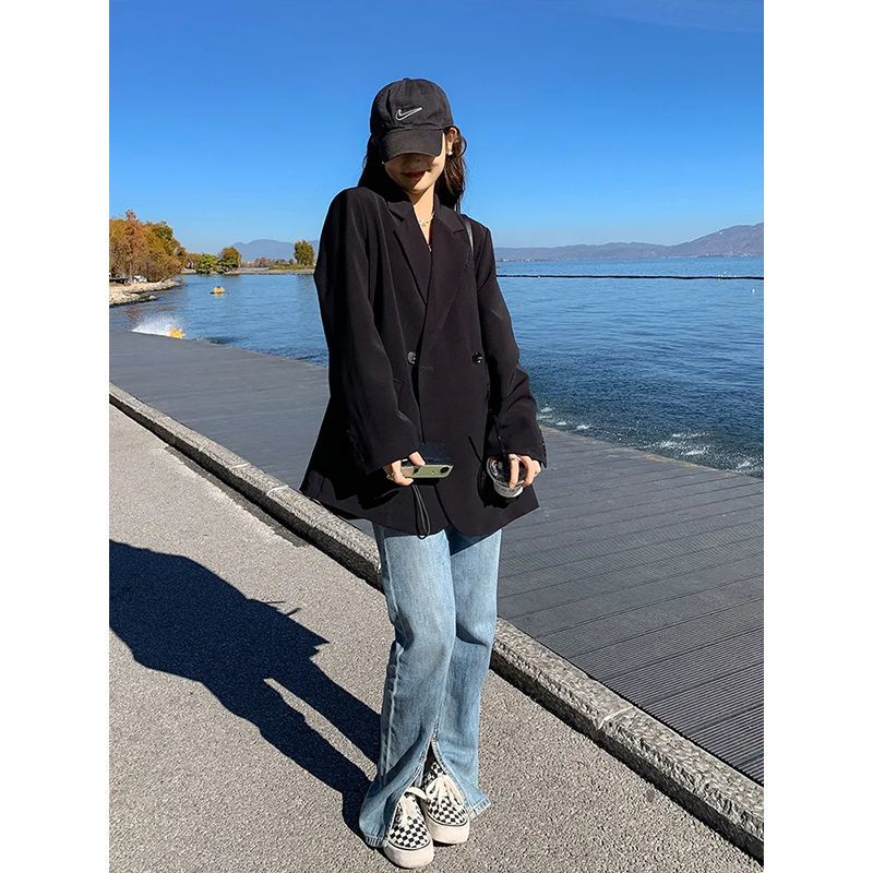 Black suit for women 2023 spring and autumn thin loose Korean style casual small suit design niche small man jacket