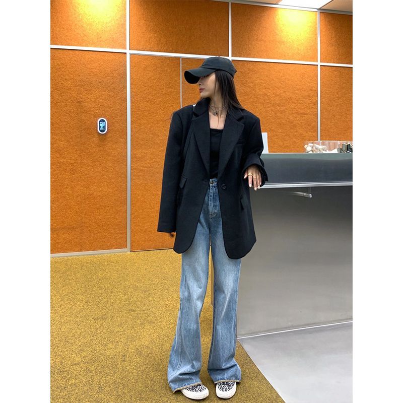 Black suit jacket for women spring and autumn 2023 new Korean style loose oversize suit top for small people