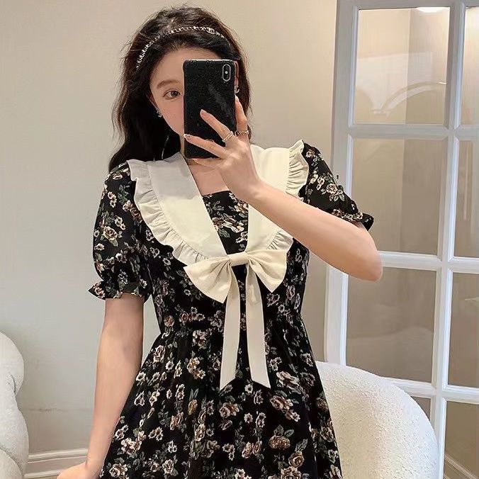 French navy collar black floral dress female summer plus size fat sister bow temperament lady A-line skirt female