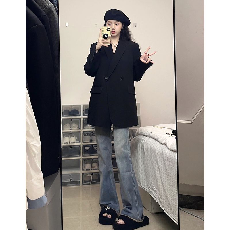 Black high-end chic suit jacket for women 2023 spring and autumn new style small loose internet celebrity casual small suit