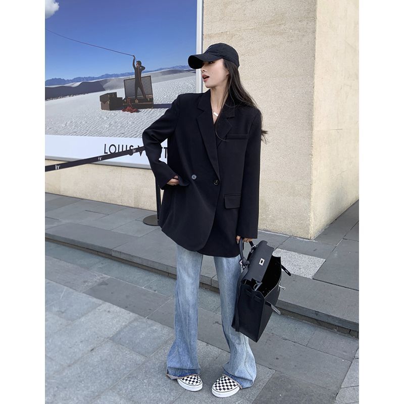 Black small suit jacket for women spring and autumn 2023 new casual loose small high-end street suit top