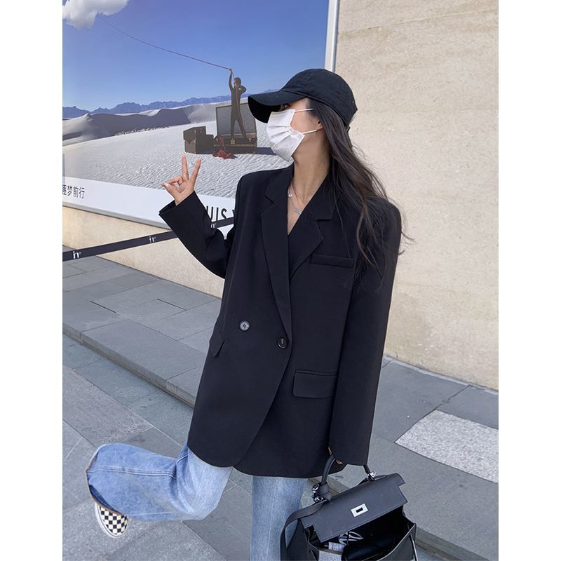 Black small suit jacket for women spring and autumn 2023 new casual loose small high-end street suit top