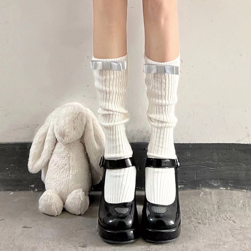 法式复古芭蕾风长款堆堆袜奶白色针织竖条纹小腿袜子春秋薄款ins