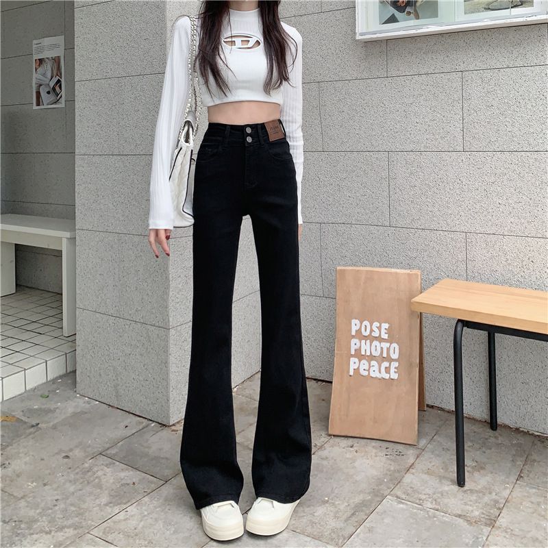 黑色微喇叭牛仔褲女2023年新款春秋彈力高腰大碼顯瘦百搭胖mm褲子